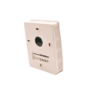 Fluxera TT1N Room Temperature Transmitter in white housing for wall-mounted HVAC temperature sensing and data transmission.